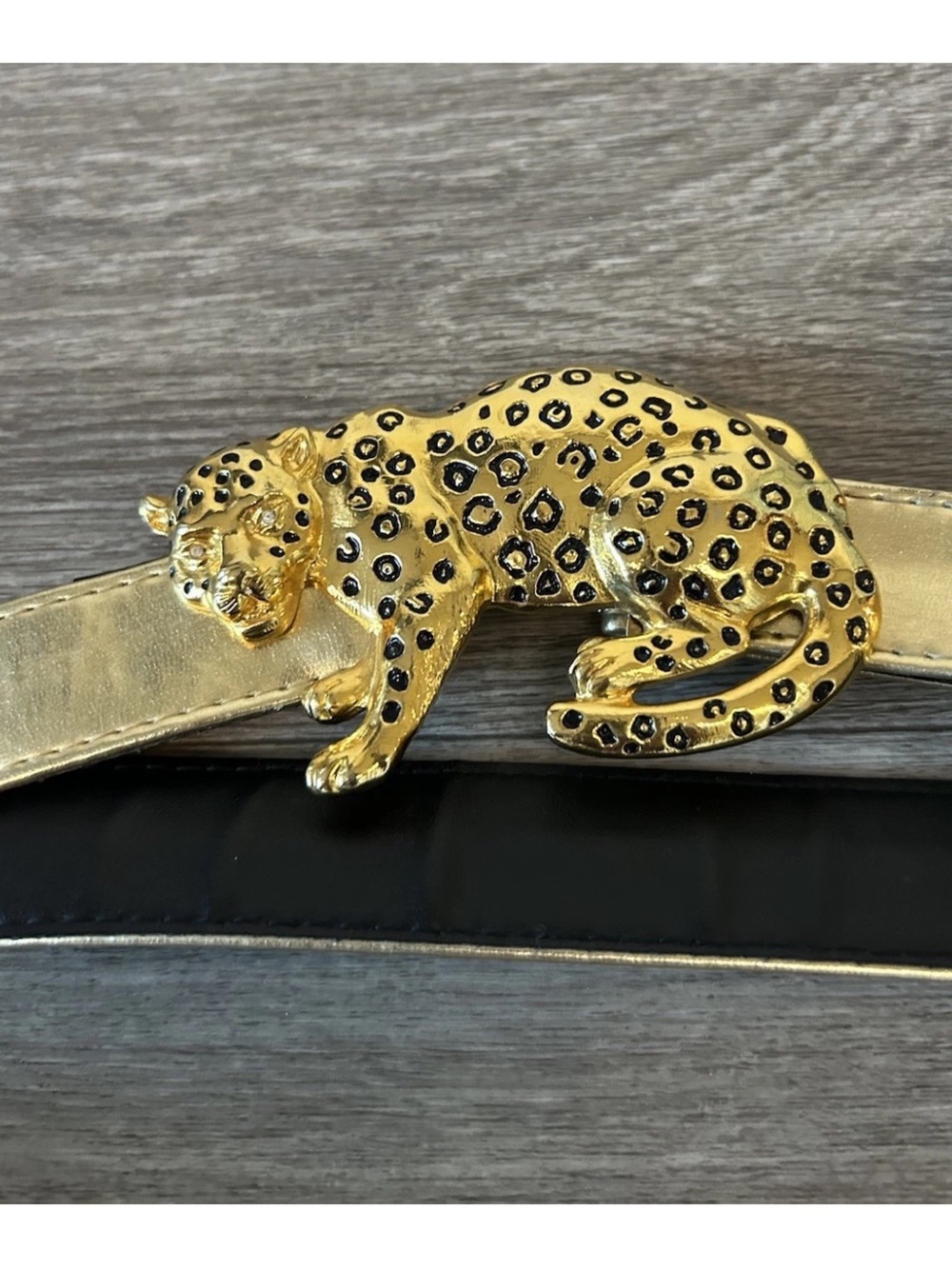 Vintage 80s 90s Gold Leopard Belt Rhinestone Big Cat Buckle Statement Glam 41”